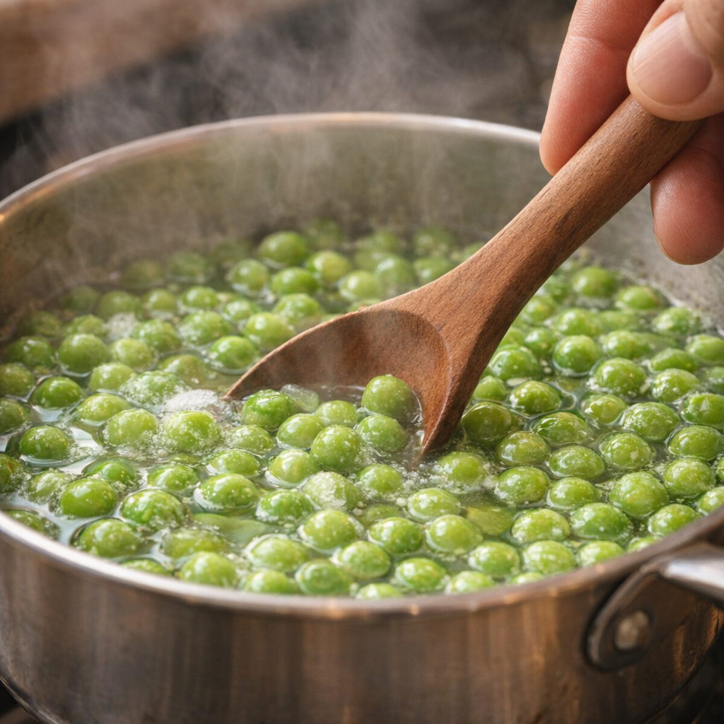Peas thawing in broth with a spoon stirring gently