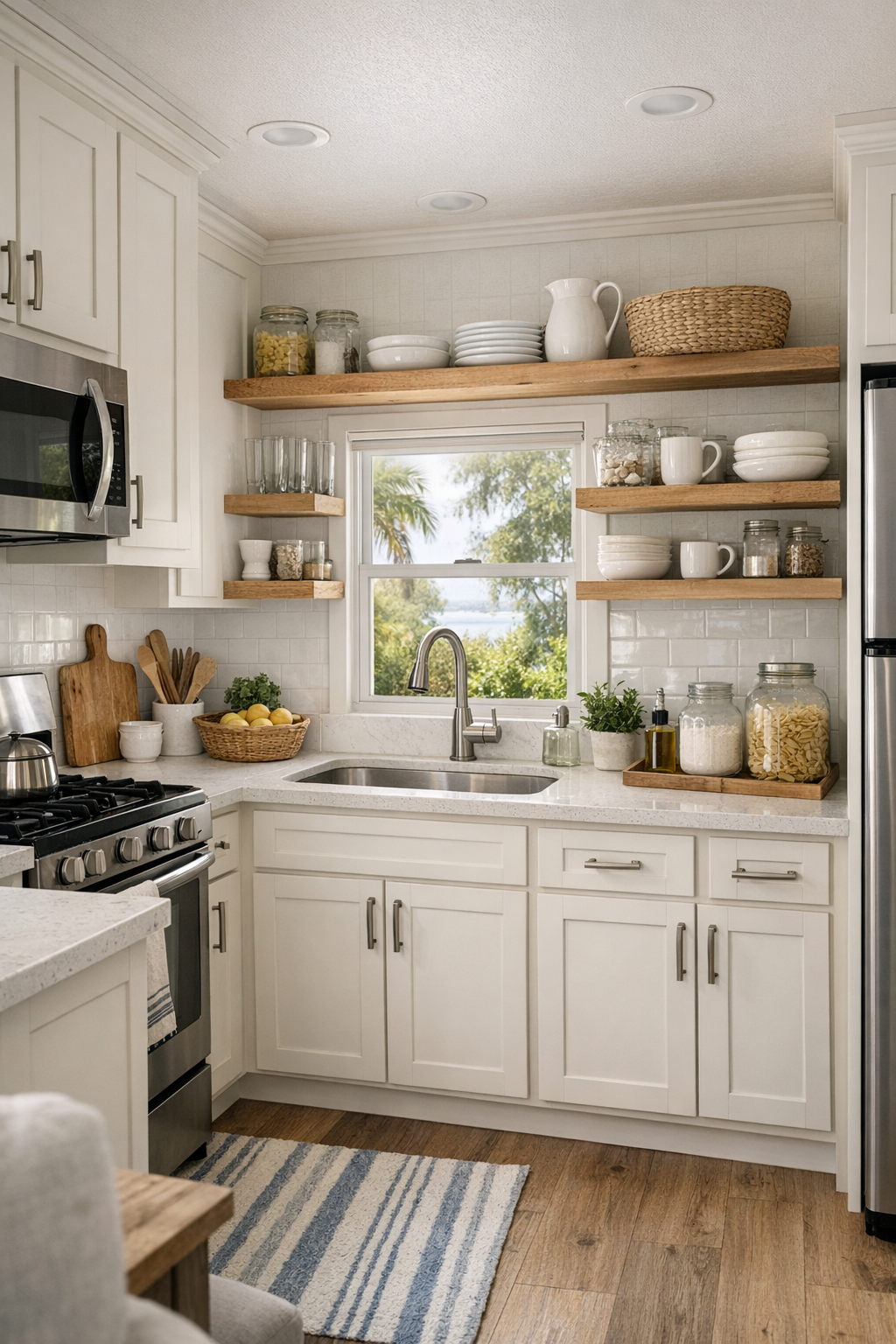 Compact coastal cottage kitchen with light cabinetry and farmhouse details
