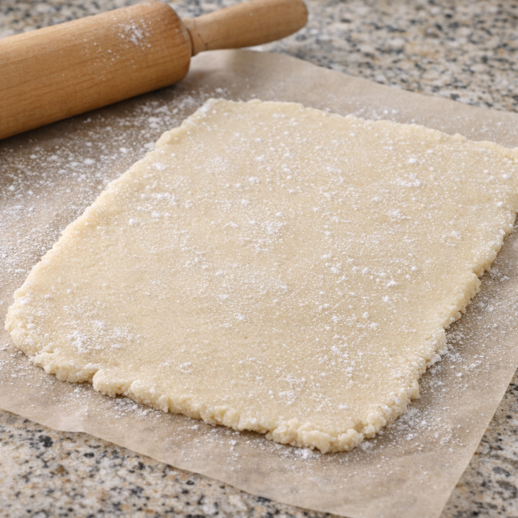 Candy dough rolled on parchment with powdered sugar