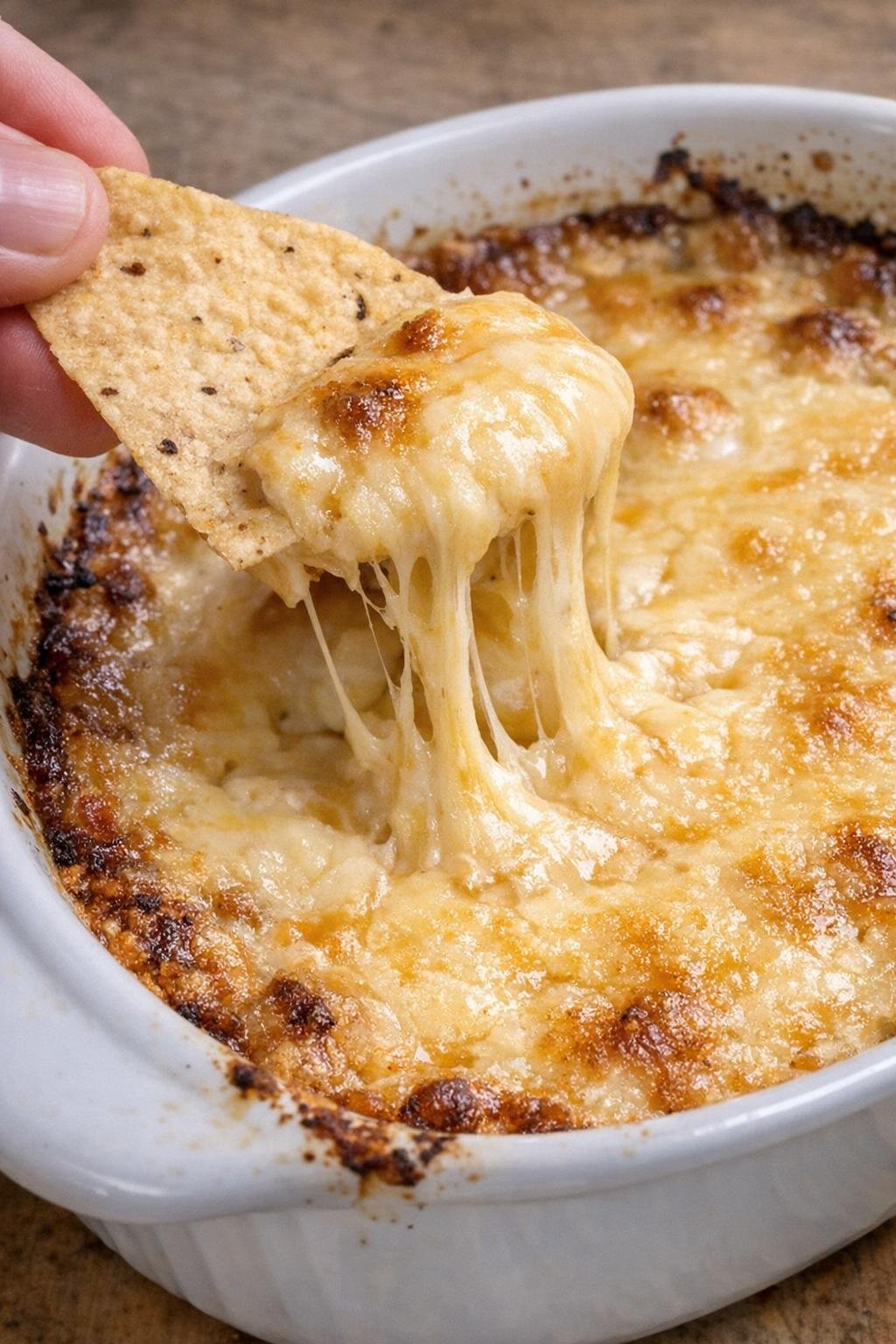 Cheese Harrington dip in a casserole dish with a tortilla chip pulling melted cheese