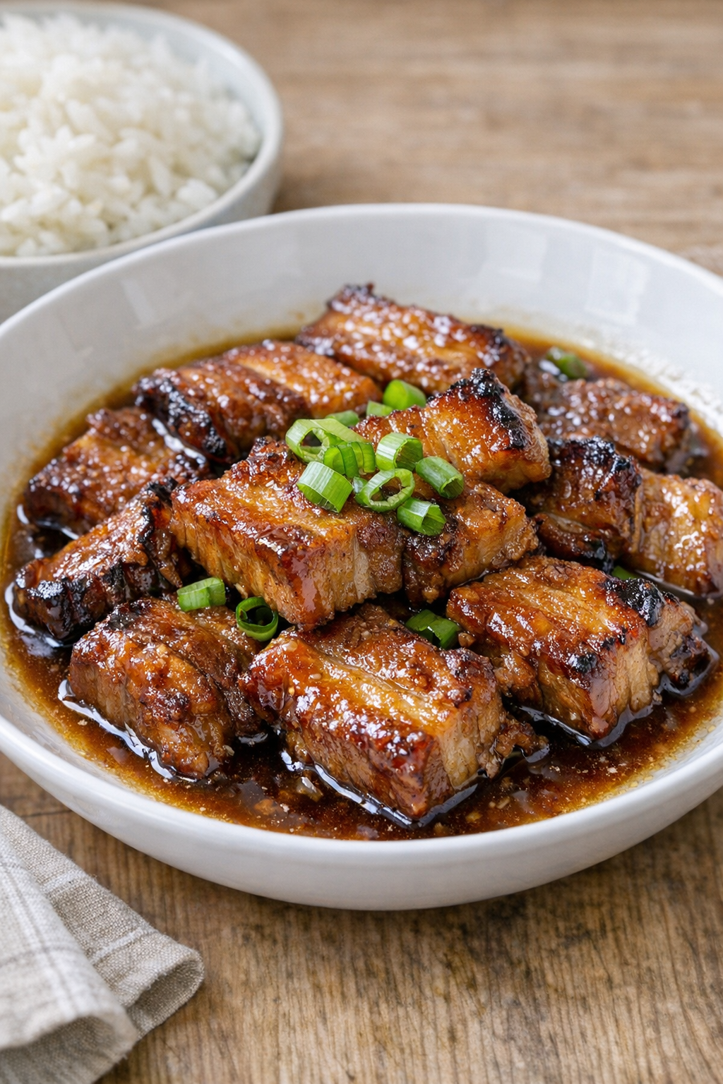 Finished slow cooker pork belly plated with sauce