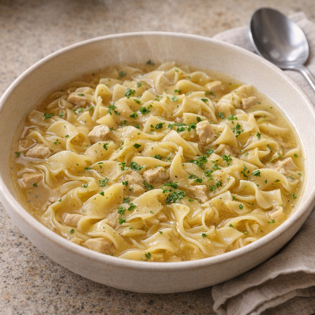 Brothy baked egg noodles served in a shallow bowl