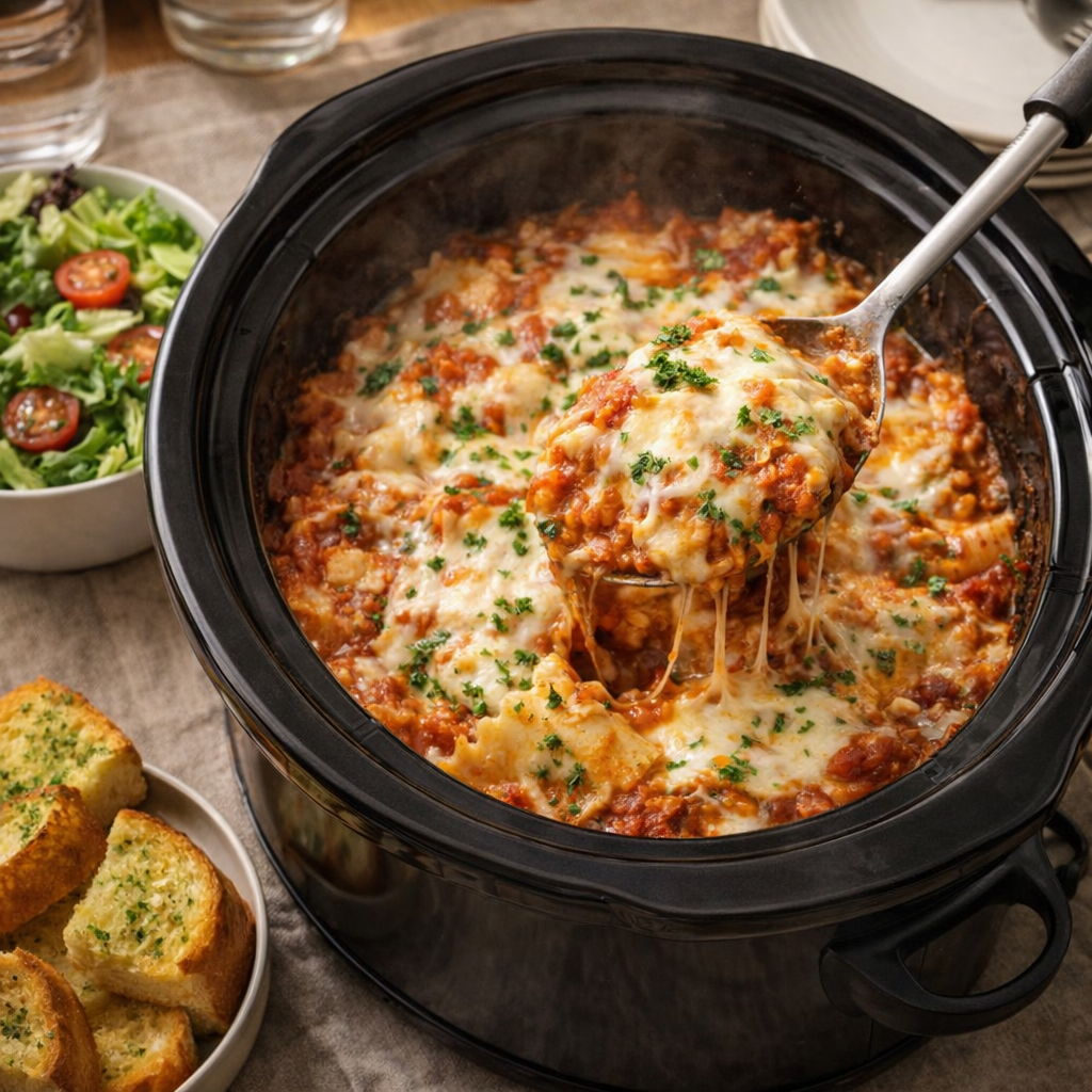 Slow cooker lasagna served family-style on a dinner table