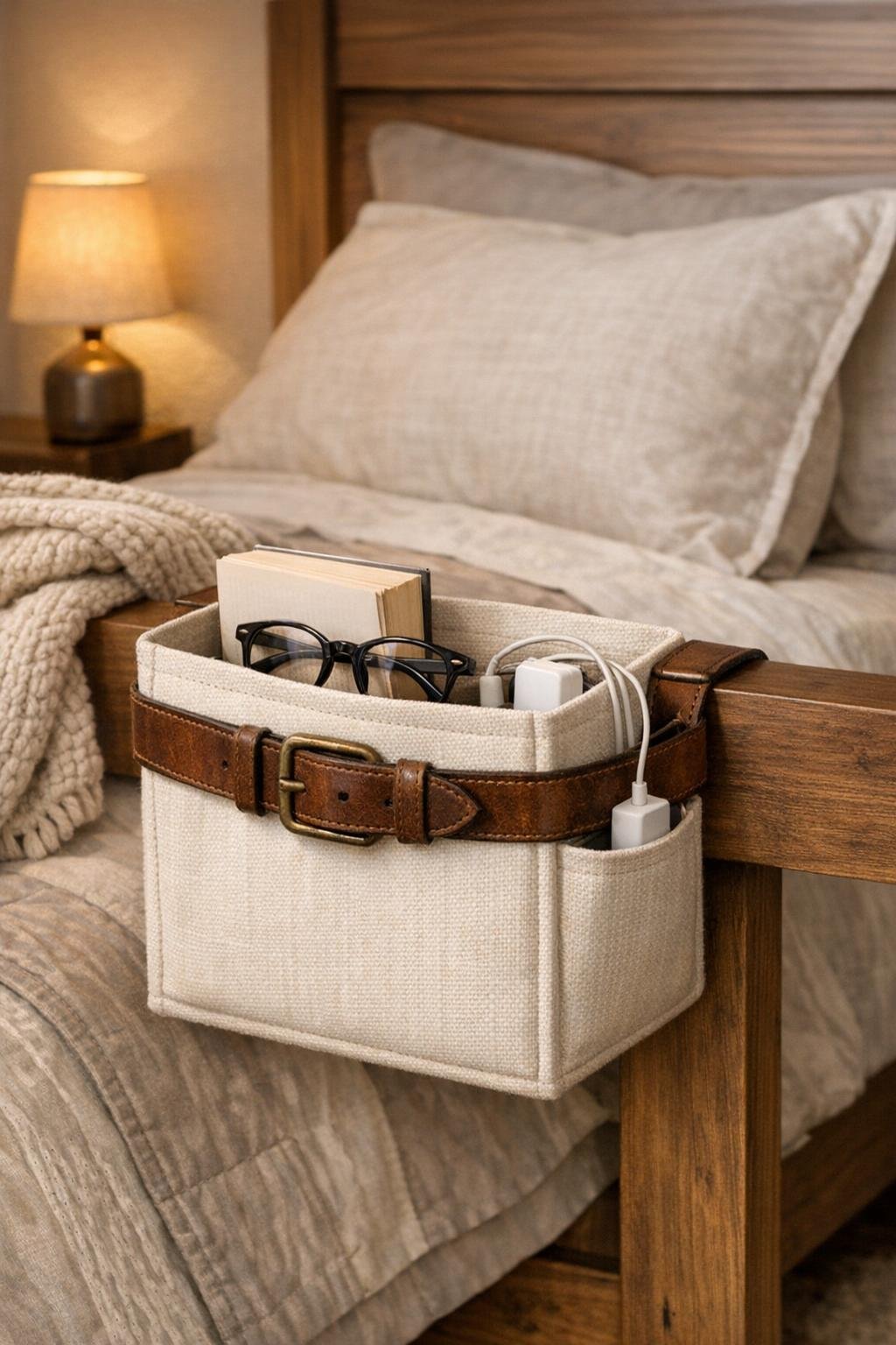 Finished bedside caddy attached to bed frame