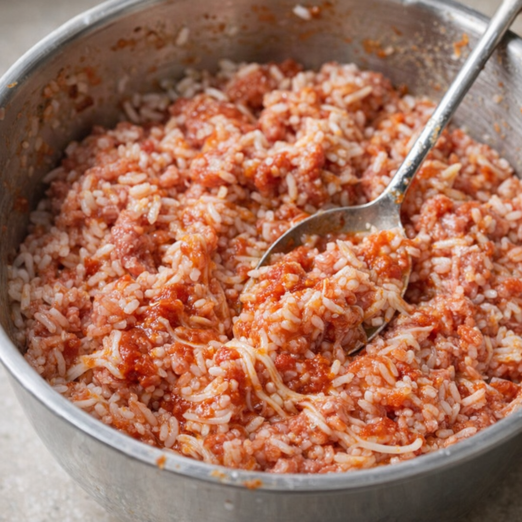 Sausage and rice filling mixed in a bowl