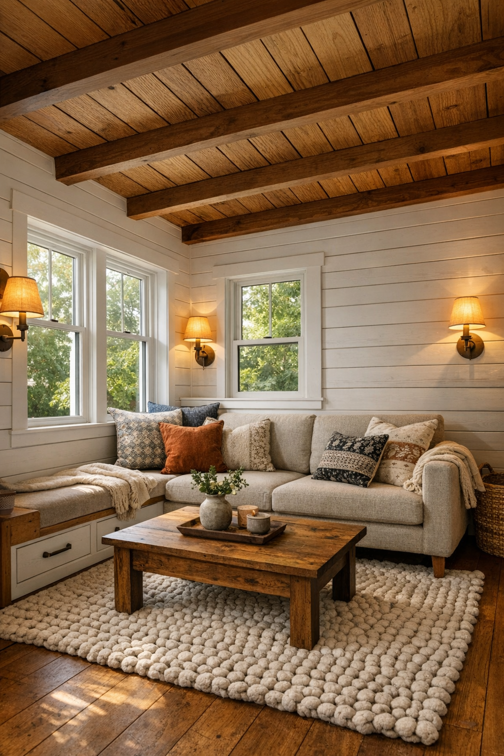 Cozy tiny home living room with shiplap walls, wood ceiling, and built-in window bench
