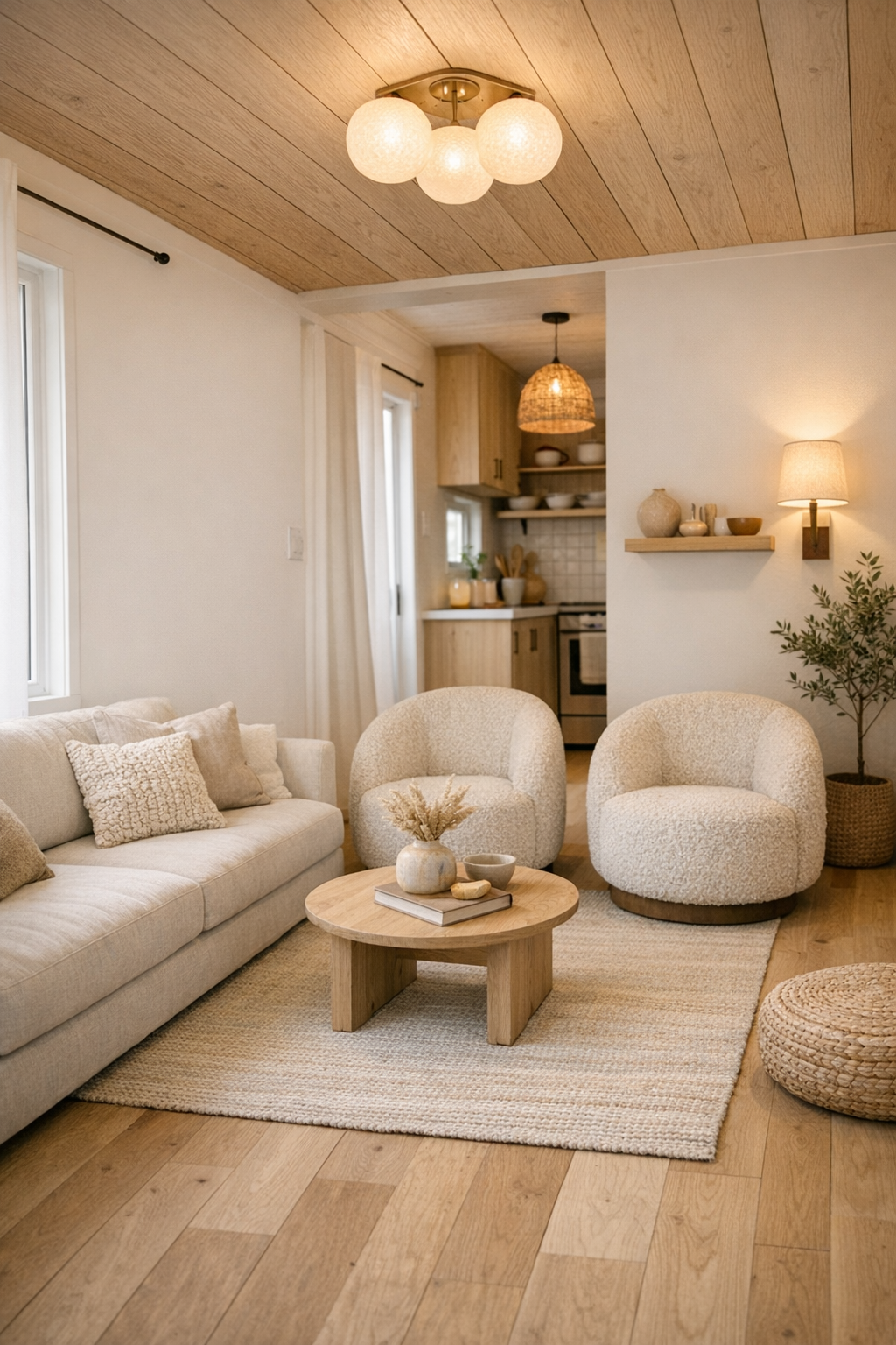 Soft oat tiny home living room with accessible layout and pale oak floors