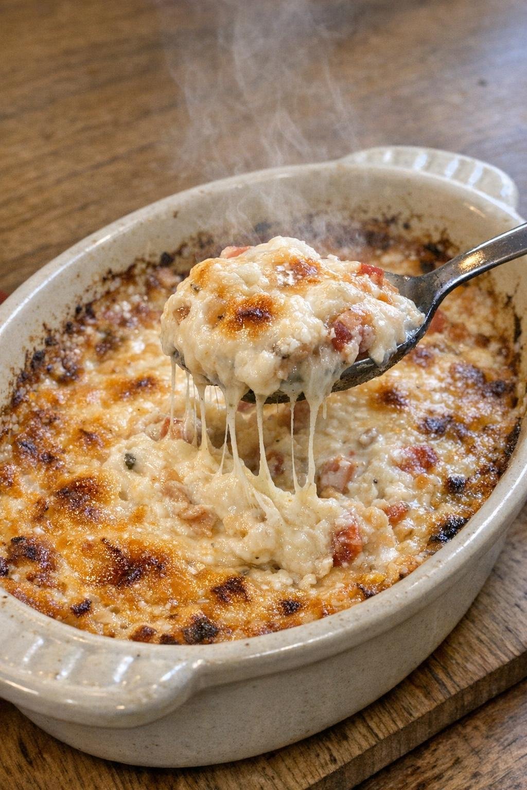Bubbling baked cream cheese dip in an oval stoneware dish
