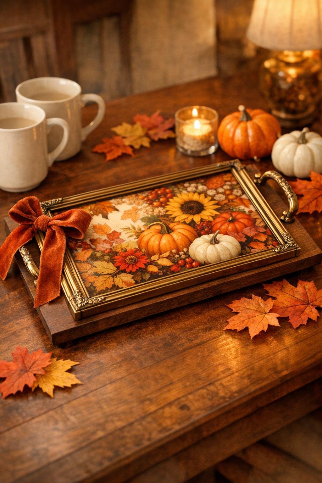Finished brass frame fall serving tray styled on a dining table
