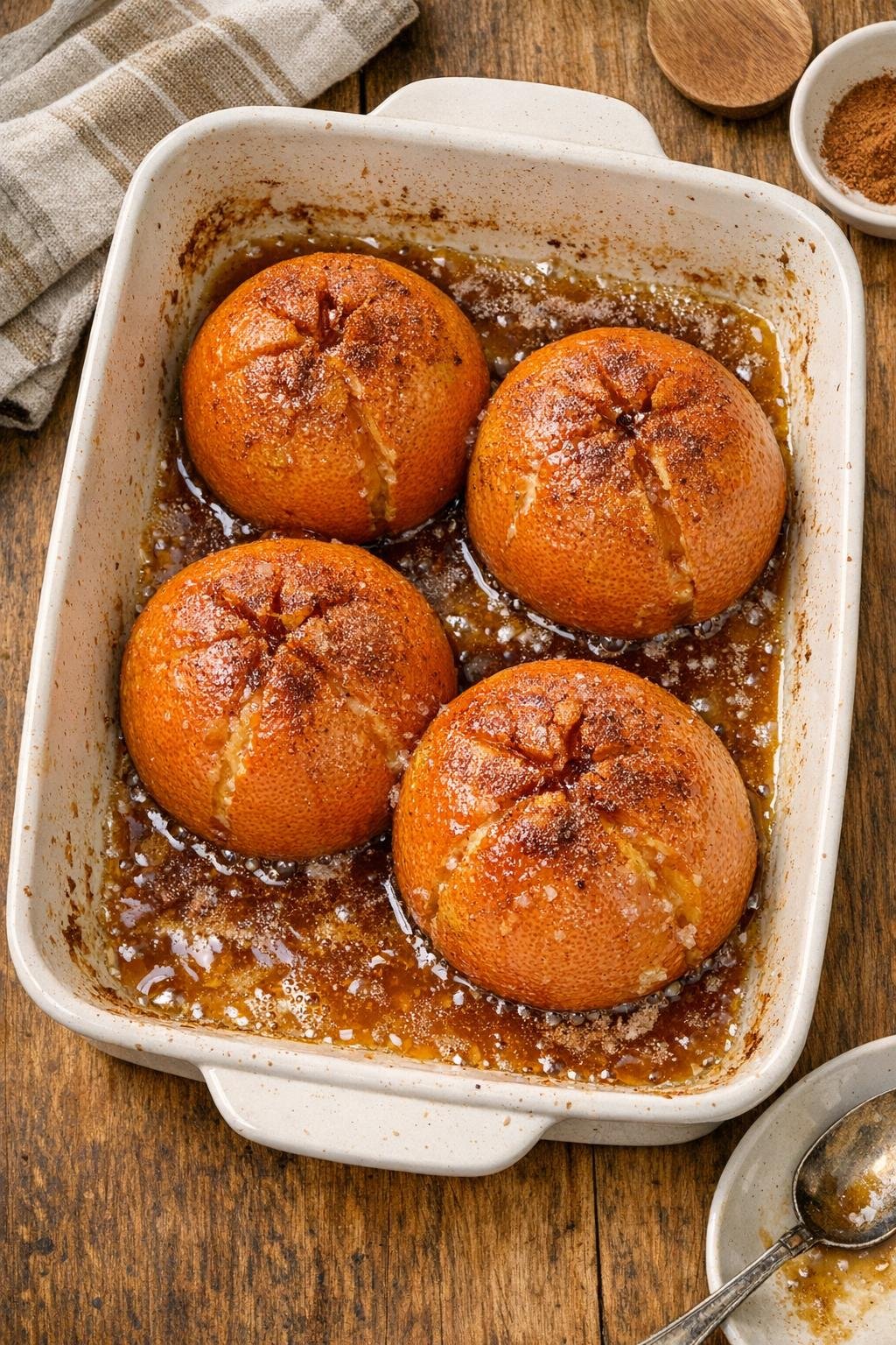 Finished baked grapefruit dessert in a baking dish