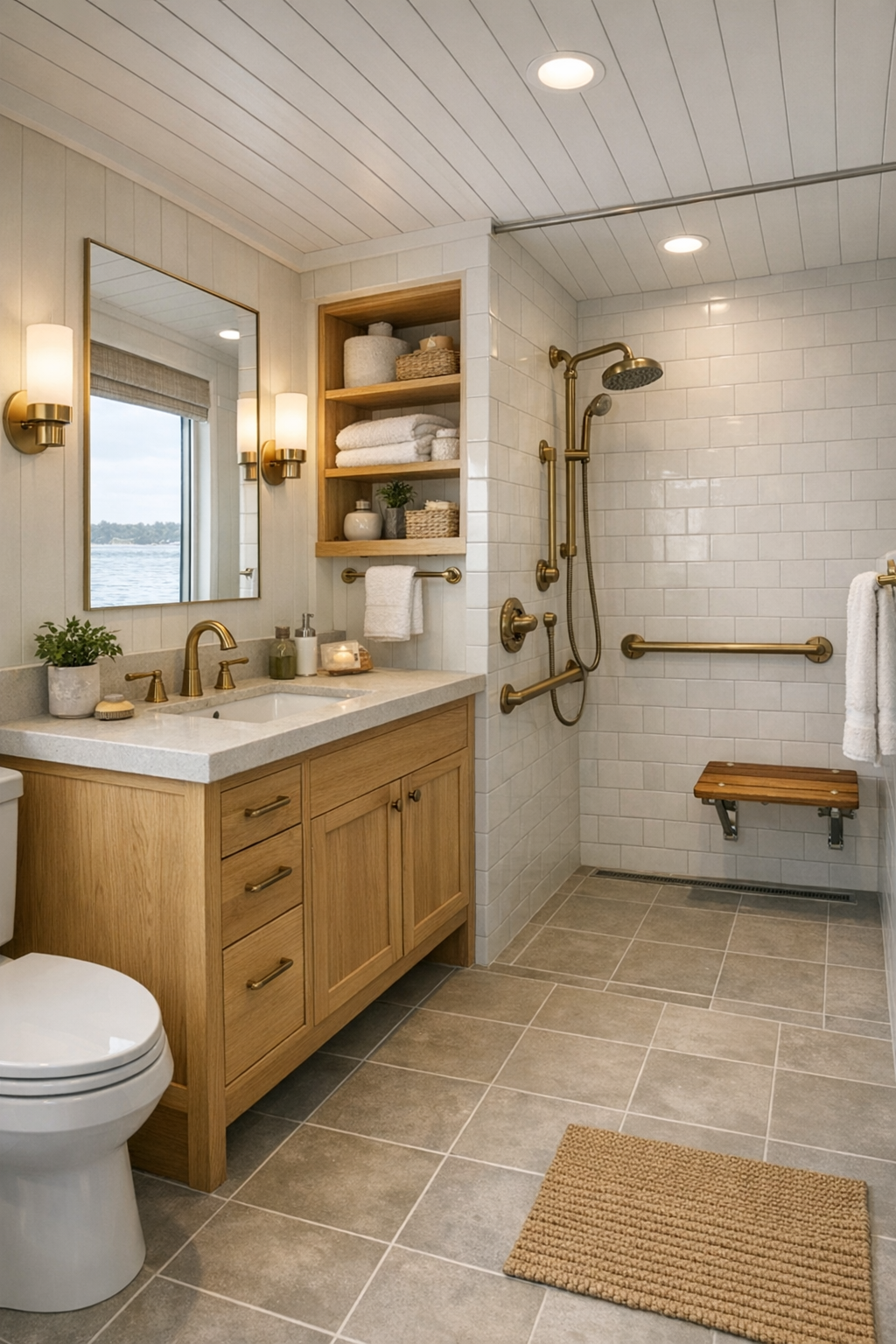 Accessible craftsman bathroom with curbless shower and oak vanity