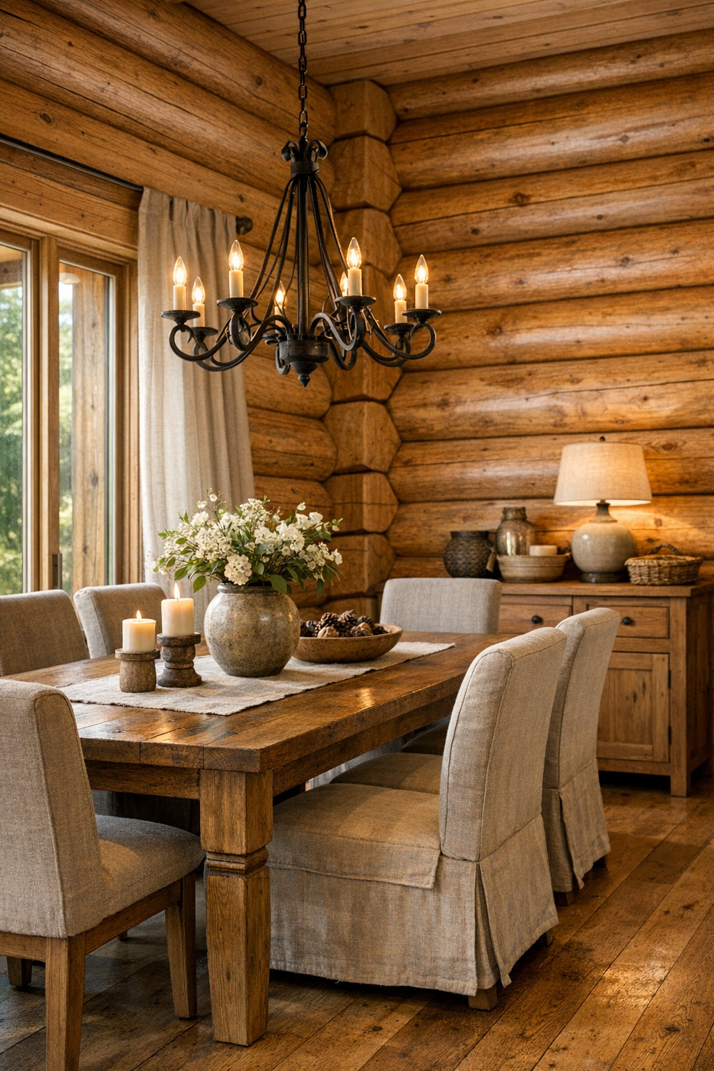Rustic dining room with solid wood table, upholstered chairs, and a wrought-iron chandelier