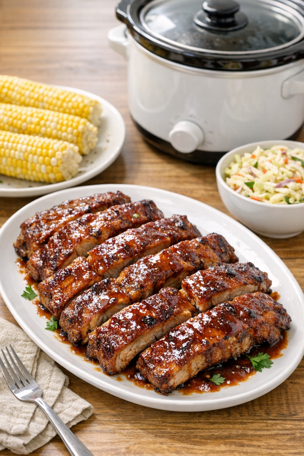 Finished slow cooker St. Louis style pork ribs plated with sauce