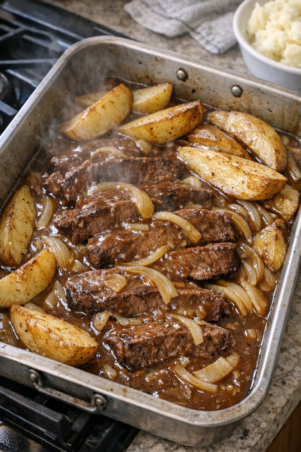 Finished baked spencer steak with brown gravy in a roasting pan