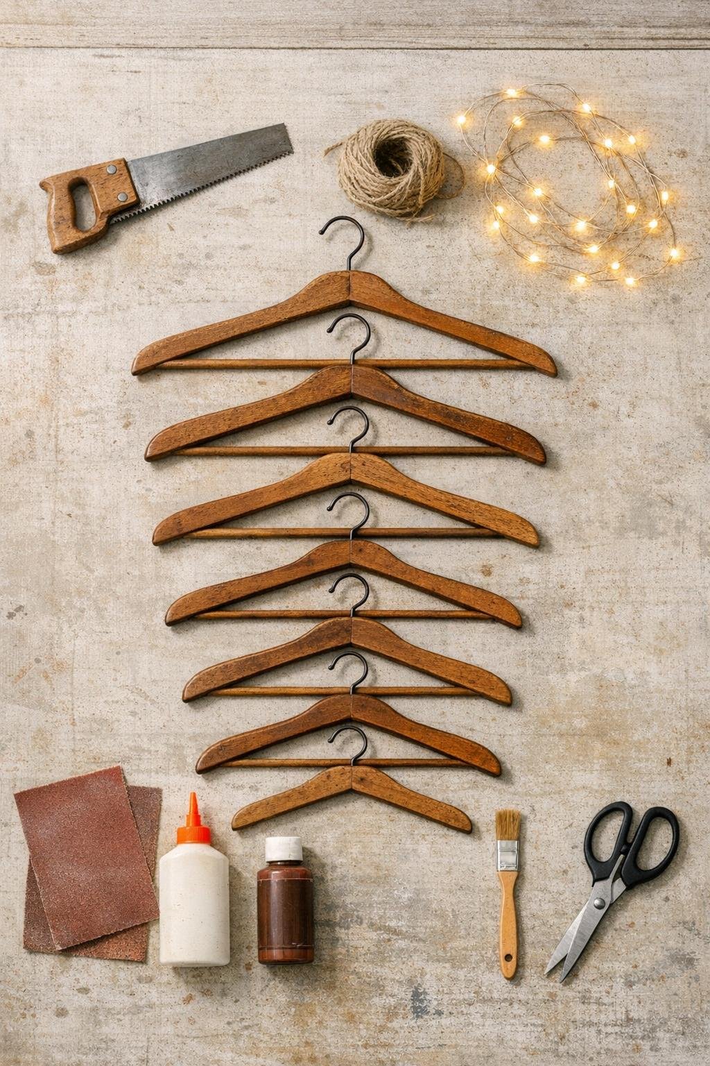 Old wooden hangers, saw, twine, string lights, and finishing supplies laid out for the project