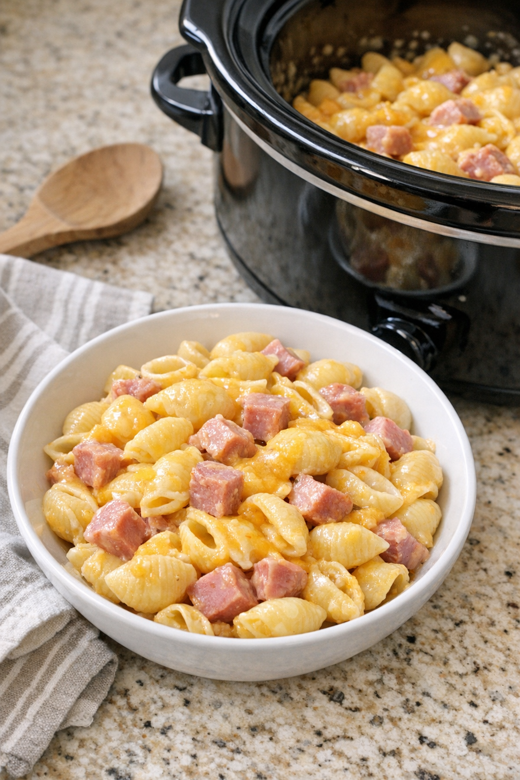 Finished cheddar ham pasta plated in a bowl