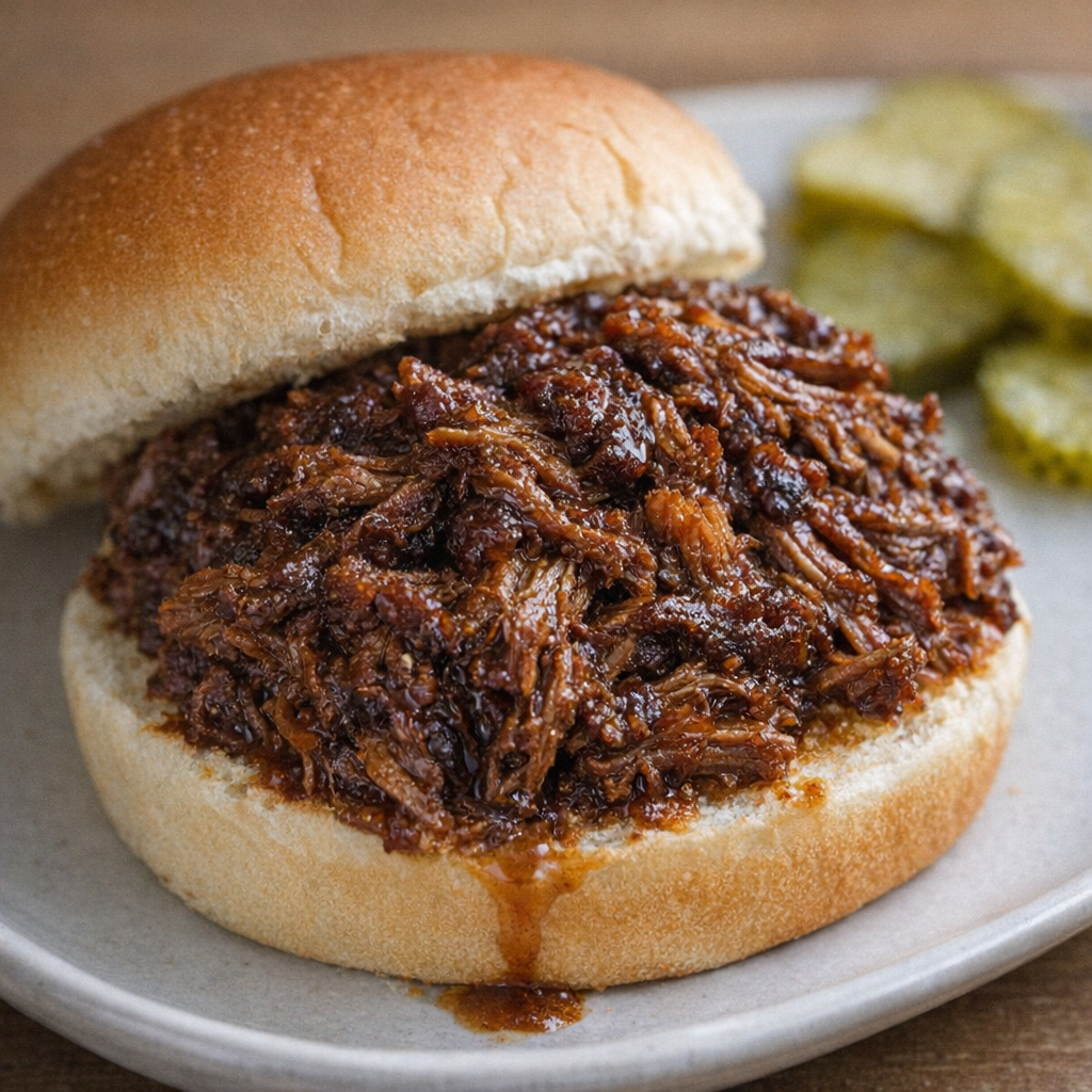 Finished shredded beef served on a sandwich bun