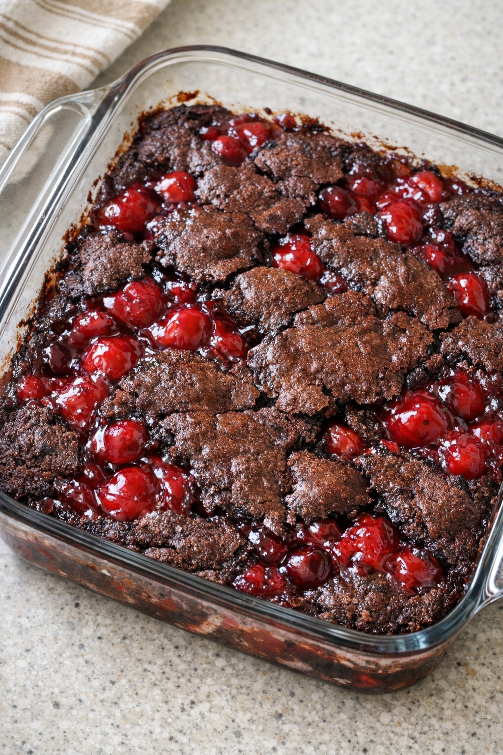Baked brownie cobbler in a glass dish