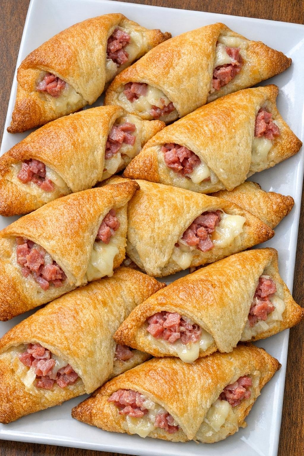 Golden flaky crescent triangles stuffed with corned beef and Swiss cheese on a white plate
