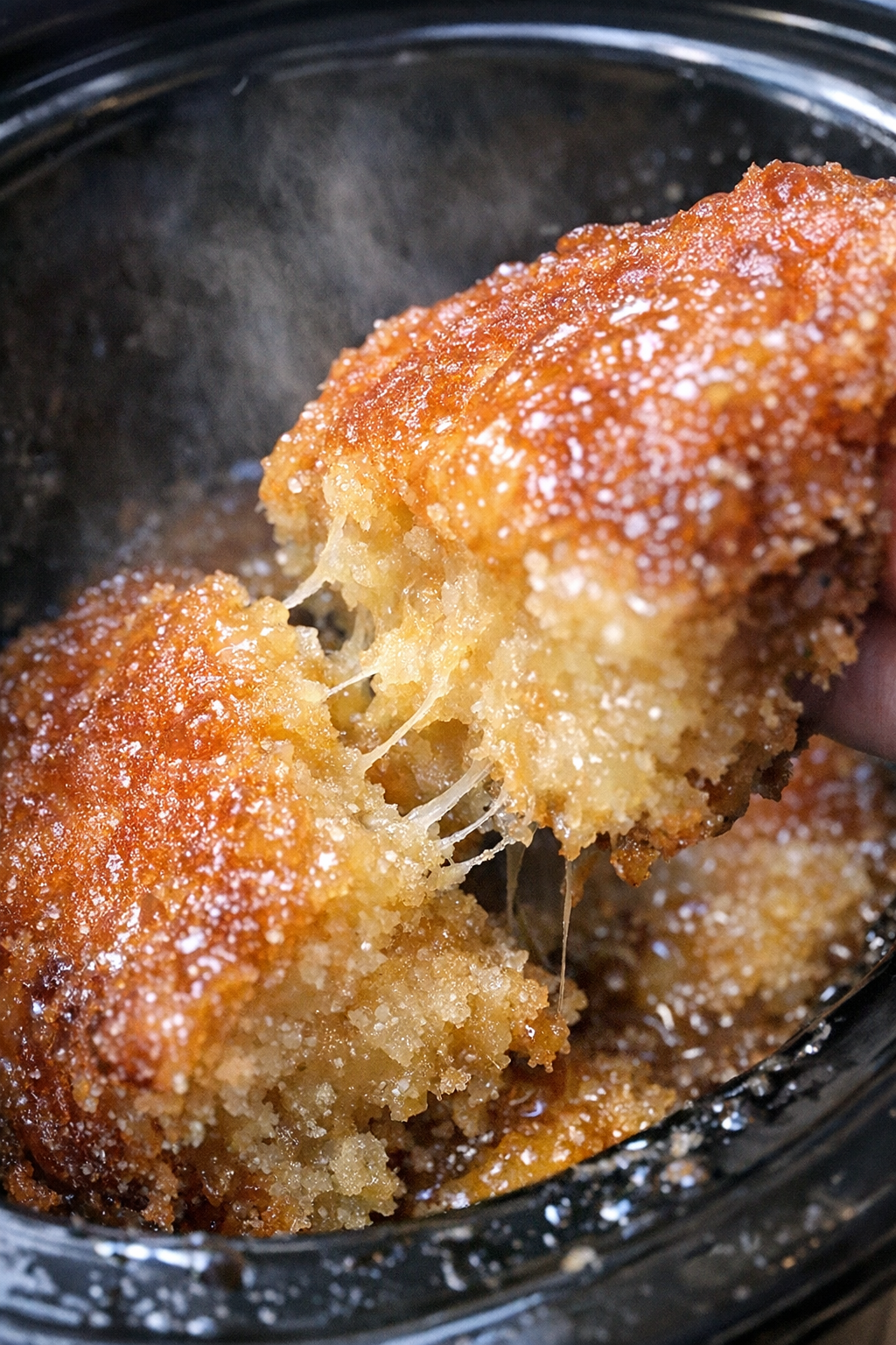 Vintage 7-Up cake with golden crumb in a slow cooker