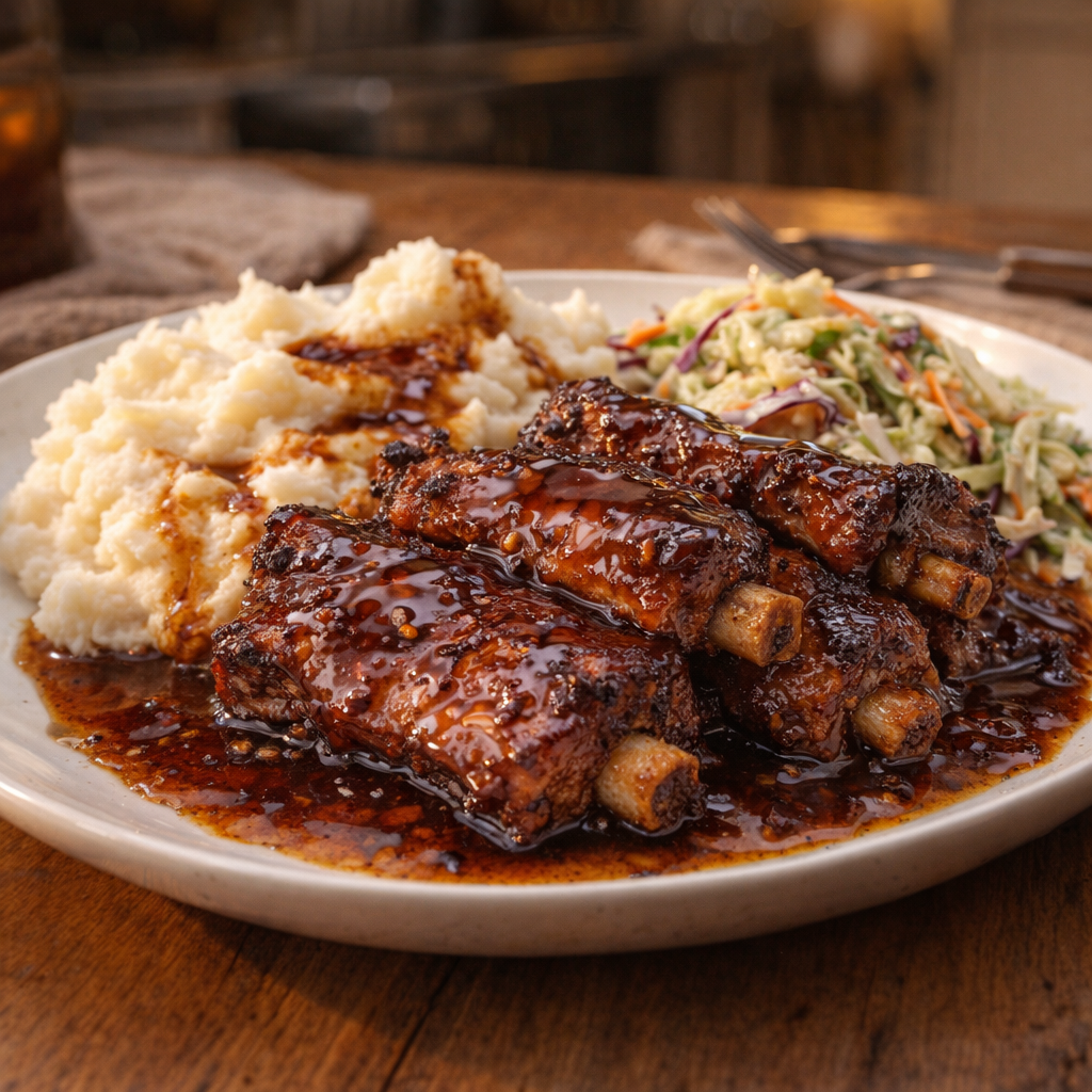 Plated brown sugar pork ribs with mashed potatoes and coleslaw