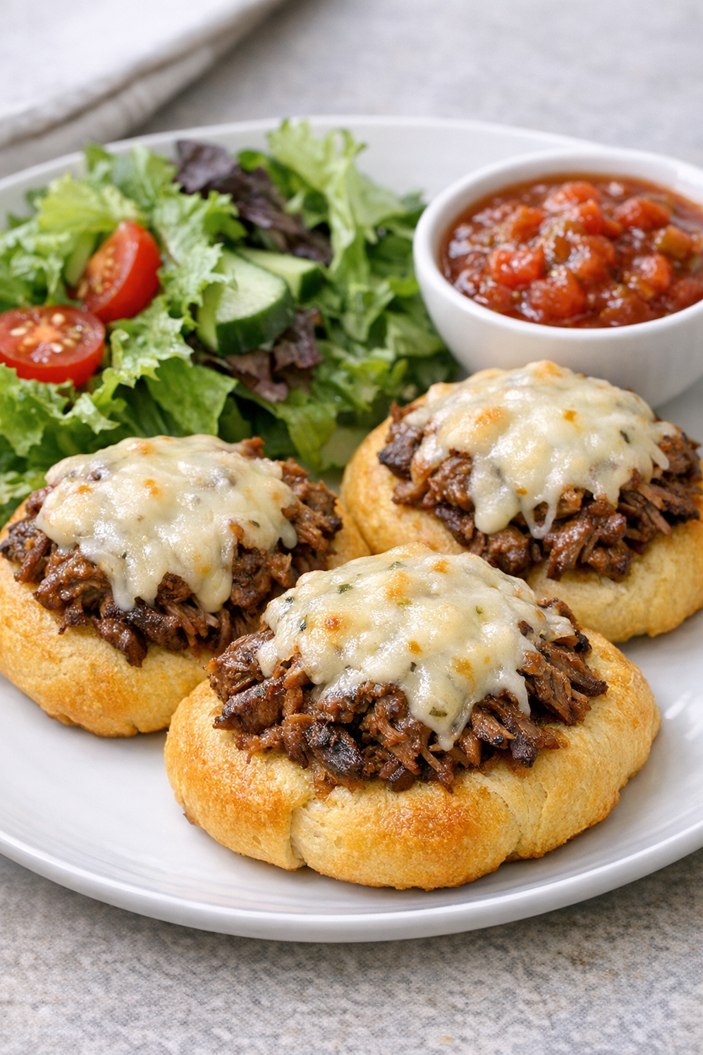 Finished beef crescent rounds plated with simple sides