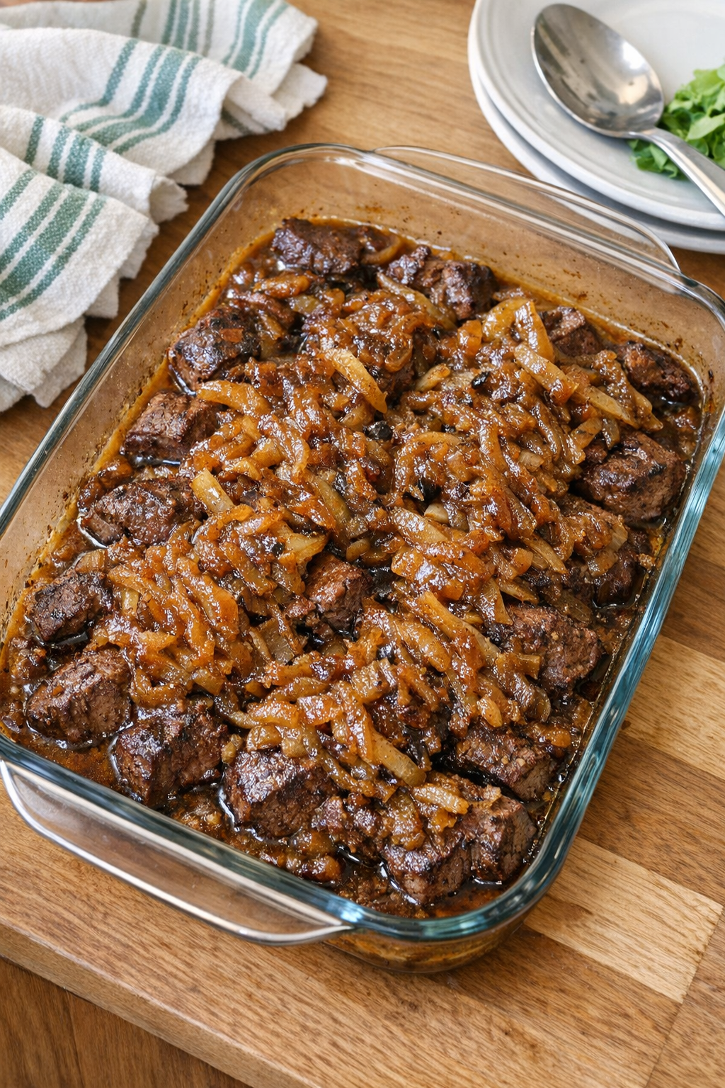 Finished baked beef casserole with caramelized onions in a baking dish