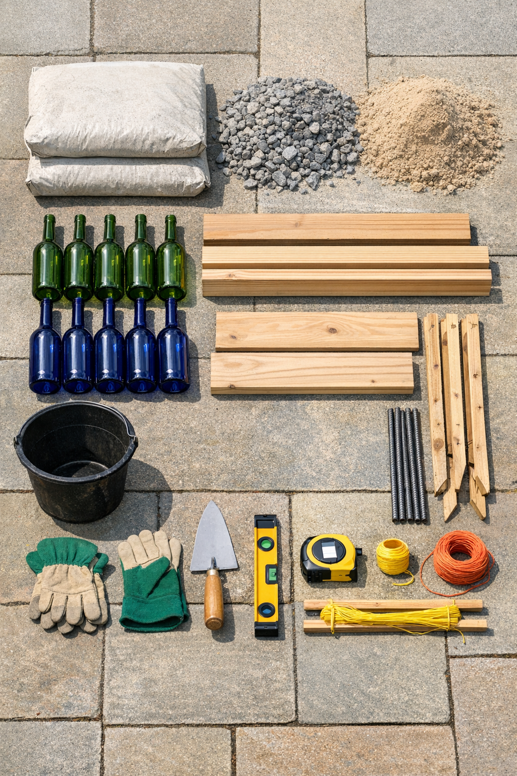 Materials laid out for a glass bottle concrete garden edging project
