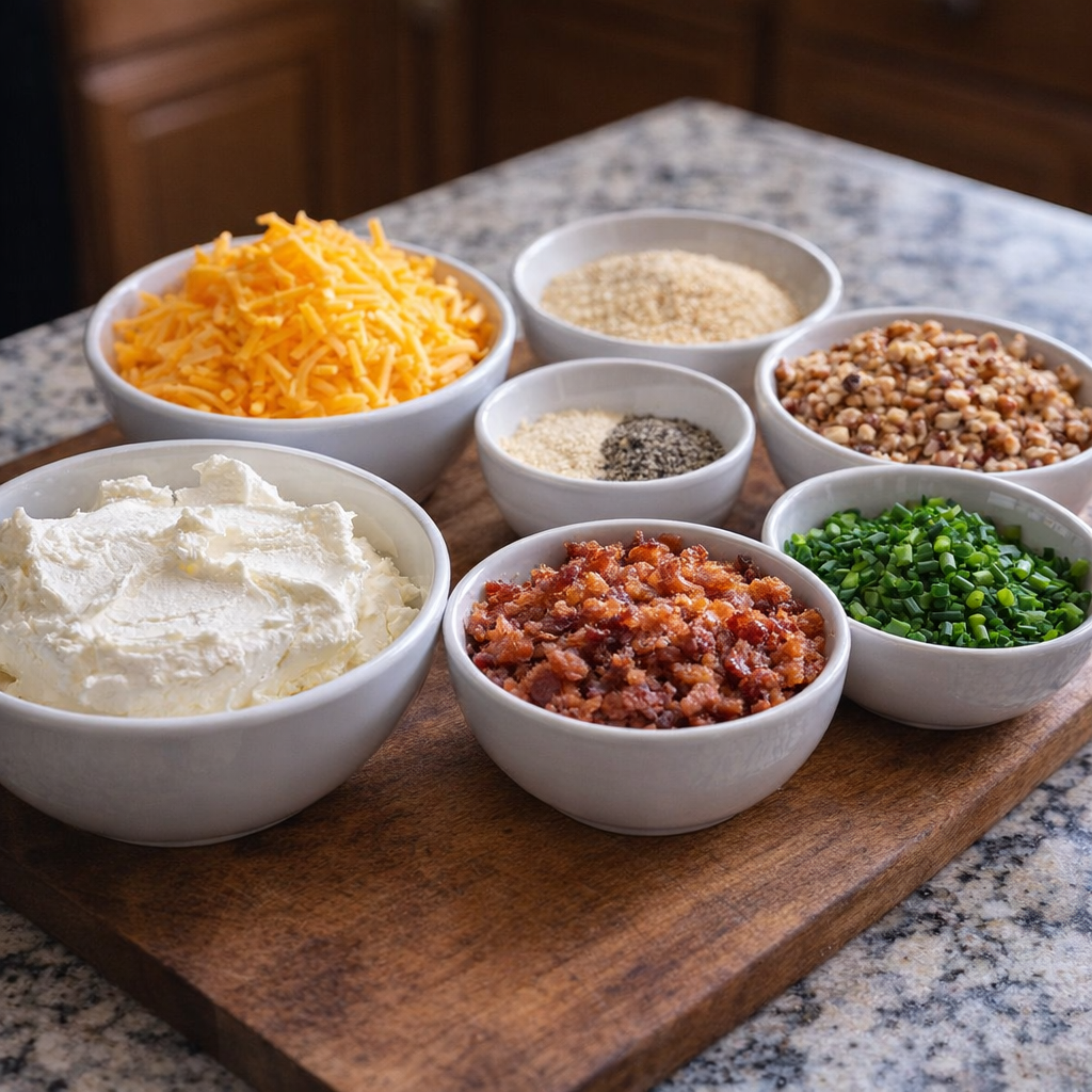 Ingredients for mini cheese balls arranged on a countertop