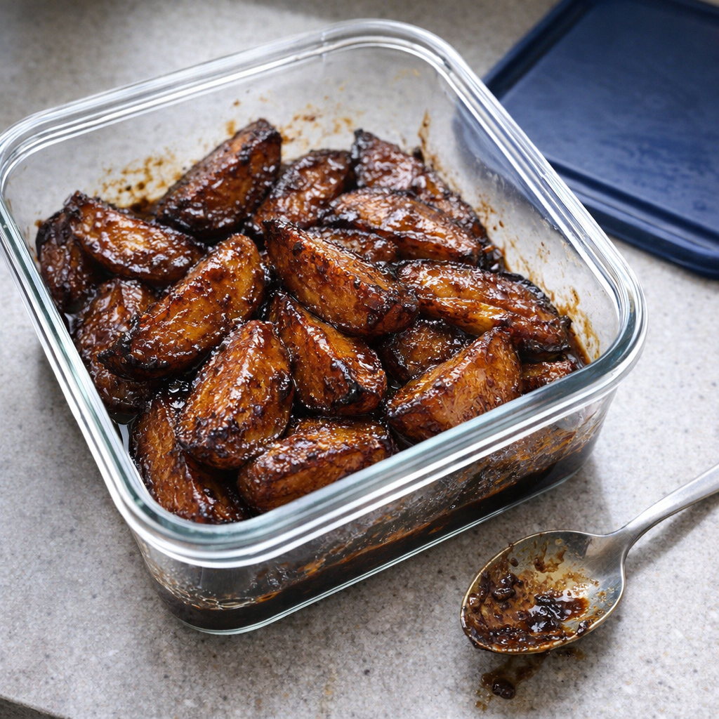 Leftover molasses potatoes stored in a glass container