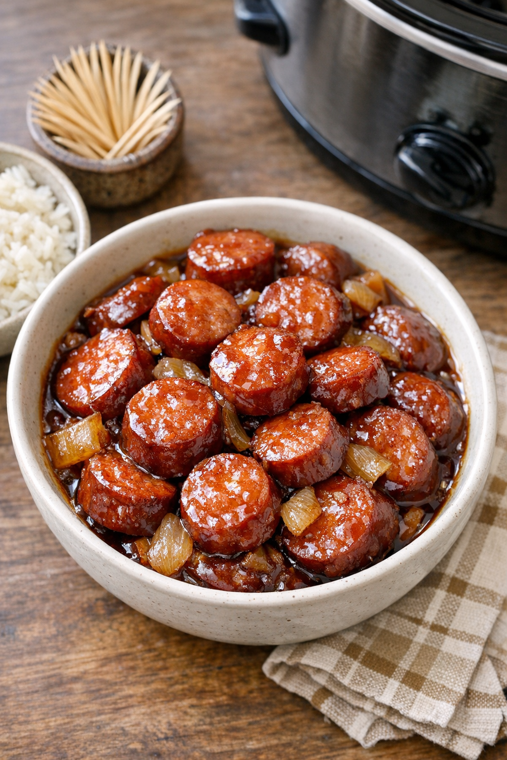 Finished glazed kielbasa bites in a serving bowl