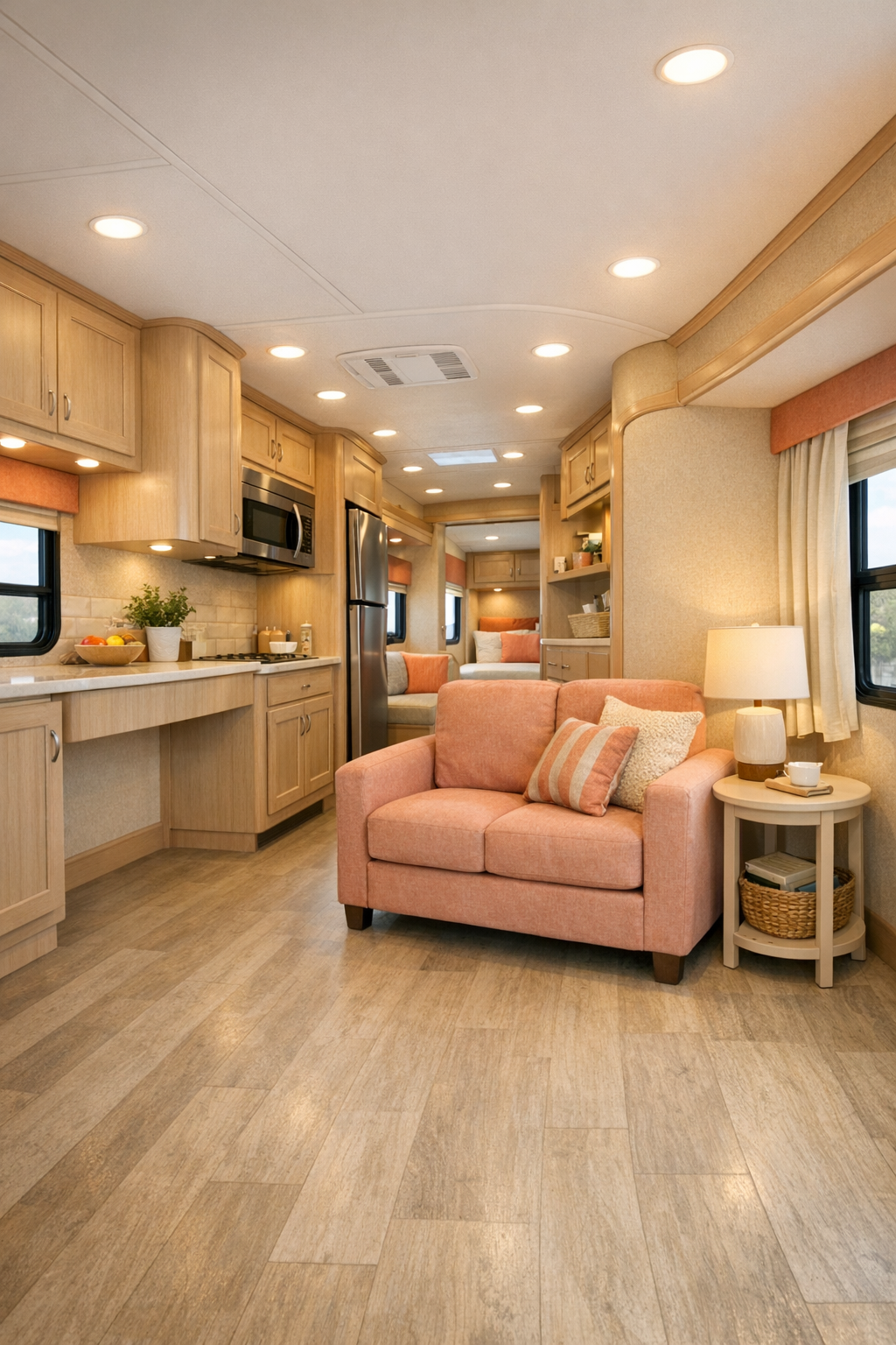 Accessible RV living room with blush accents, pale wood cabinetry, and flexible seating