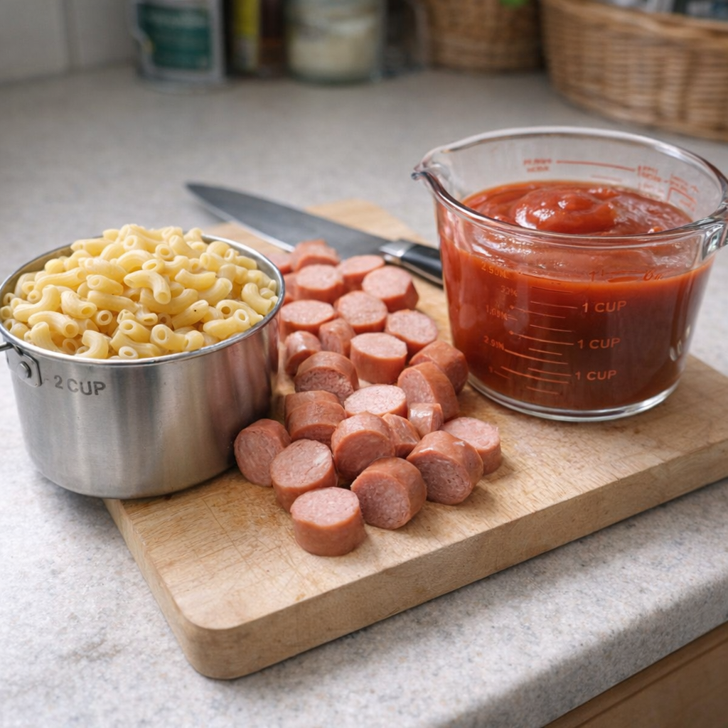 Three simple ingredients lined up for hot dog macaroni