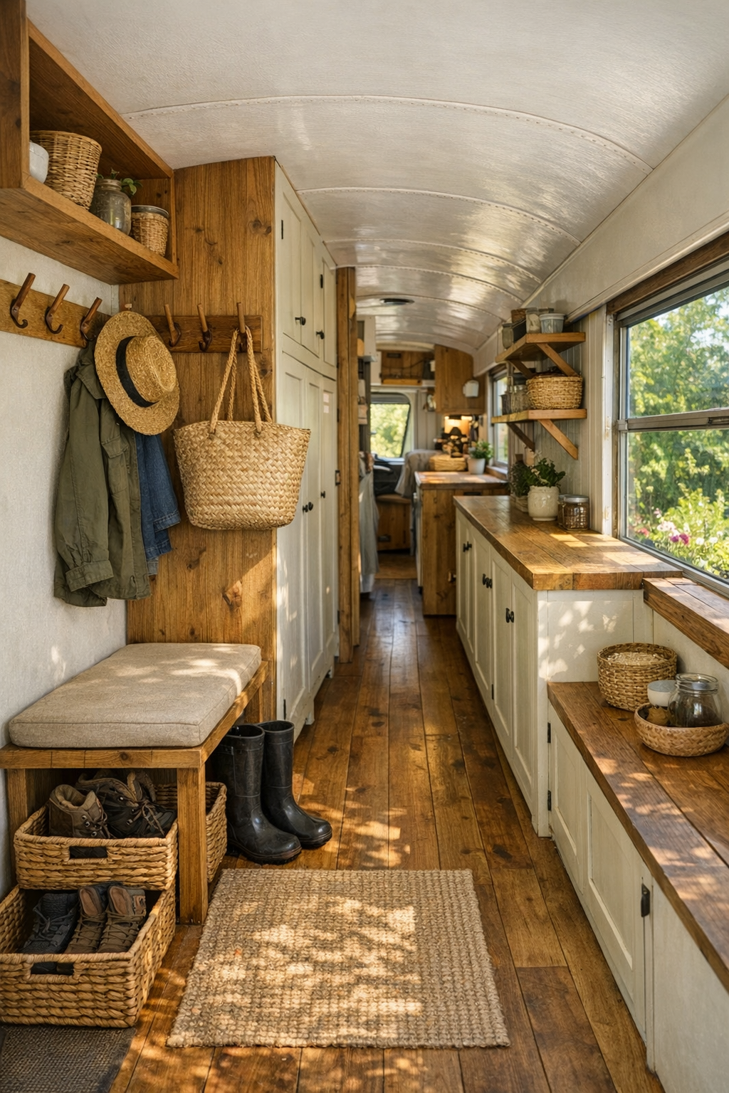 Practical entry and corridor inside a converted bus with built-in storage and garden views