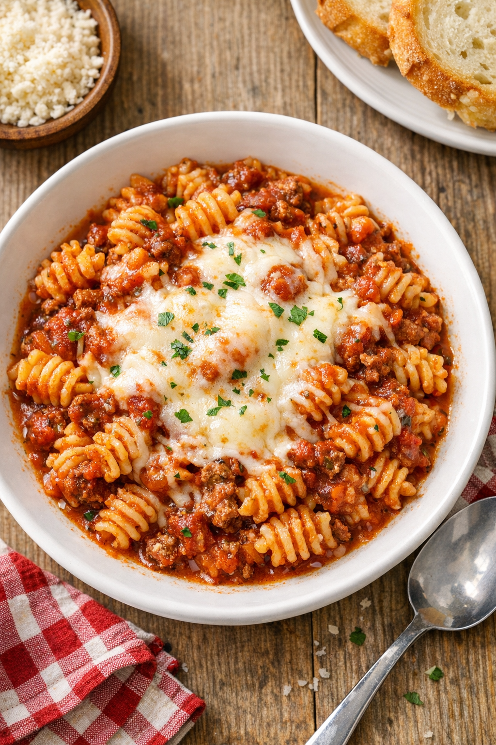 Finished cheesy radiatori pasta plated in a bowl