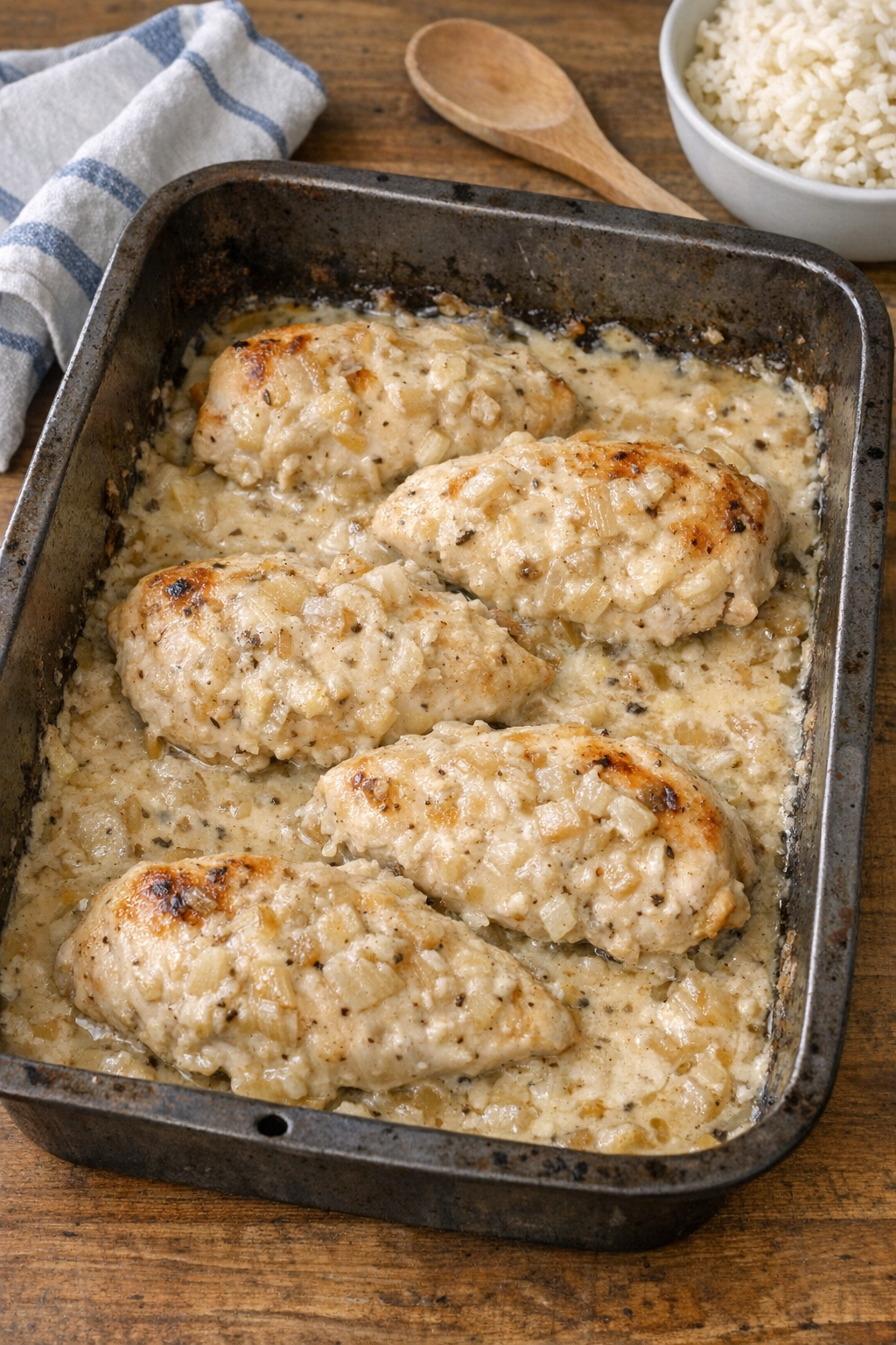 Finished baked creamy onion chicken in a roasting pan