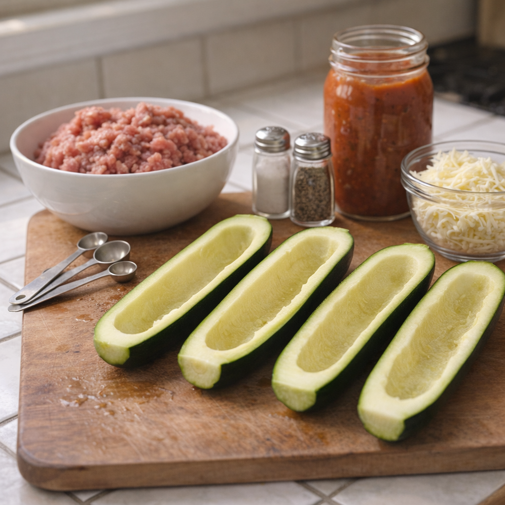 Ingredients for beef stuffed zucchini on a kitchen counter