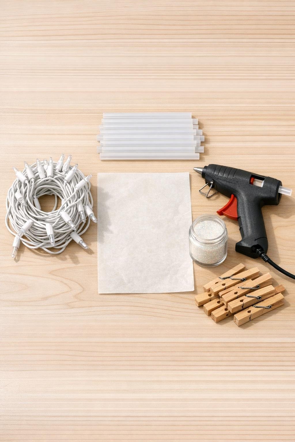 Materials for making dripping icicle lights laid out on a table