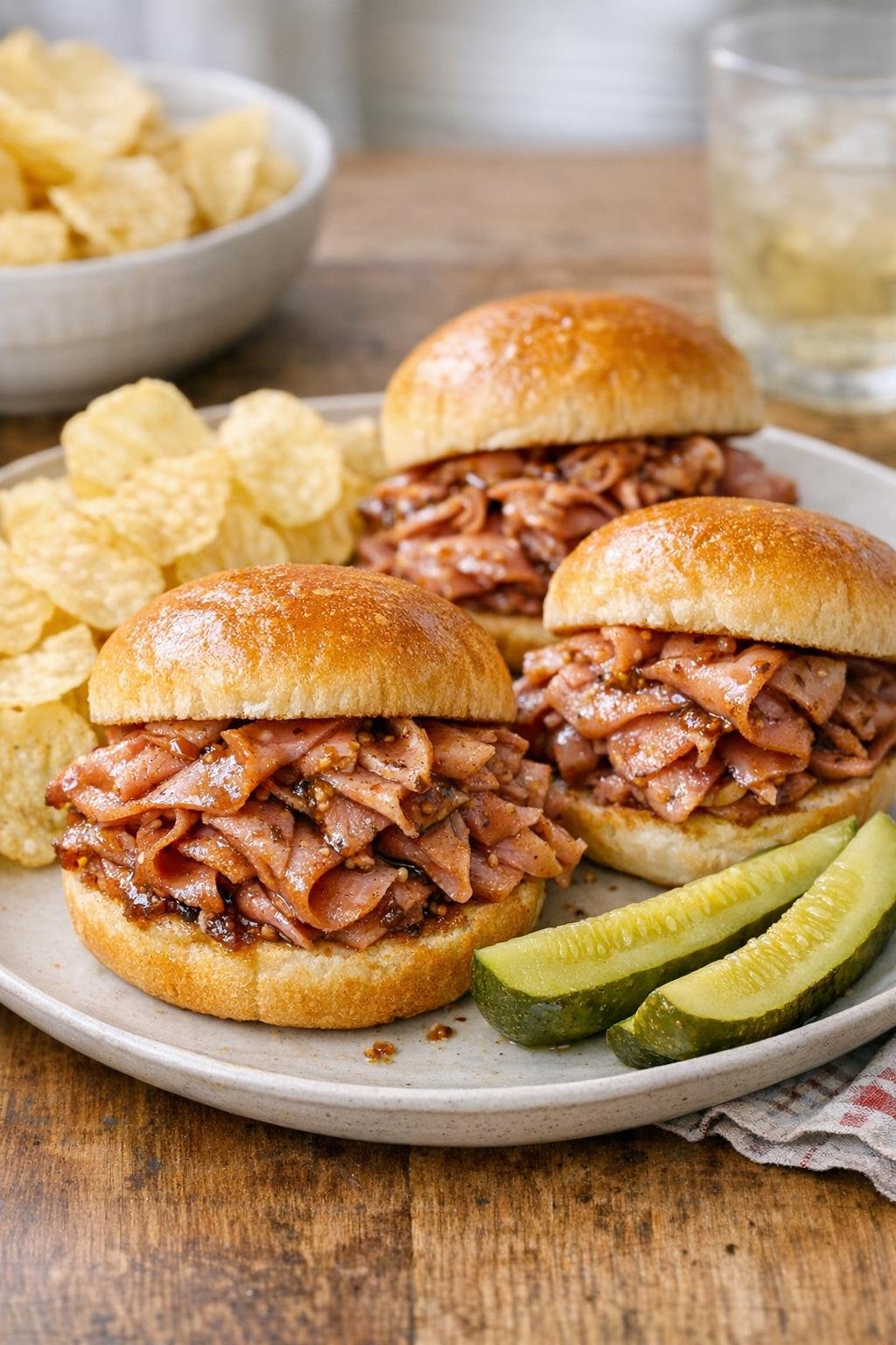 Plated ham sliders with chips and pickles