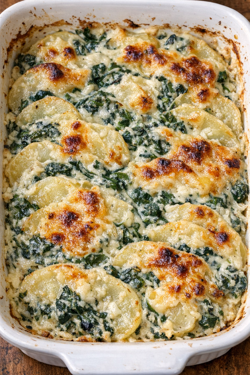 Creamy spinach potato bake in a white casserole dish