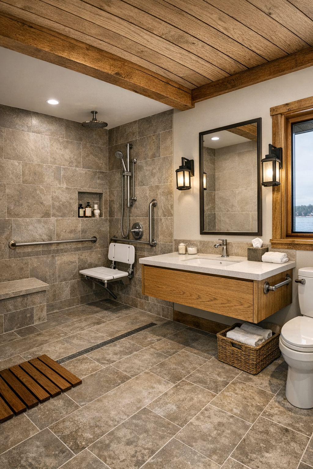 Accessible bathroom with a curbless shower, oak vanity, and warm stone-look tile