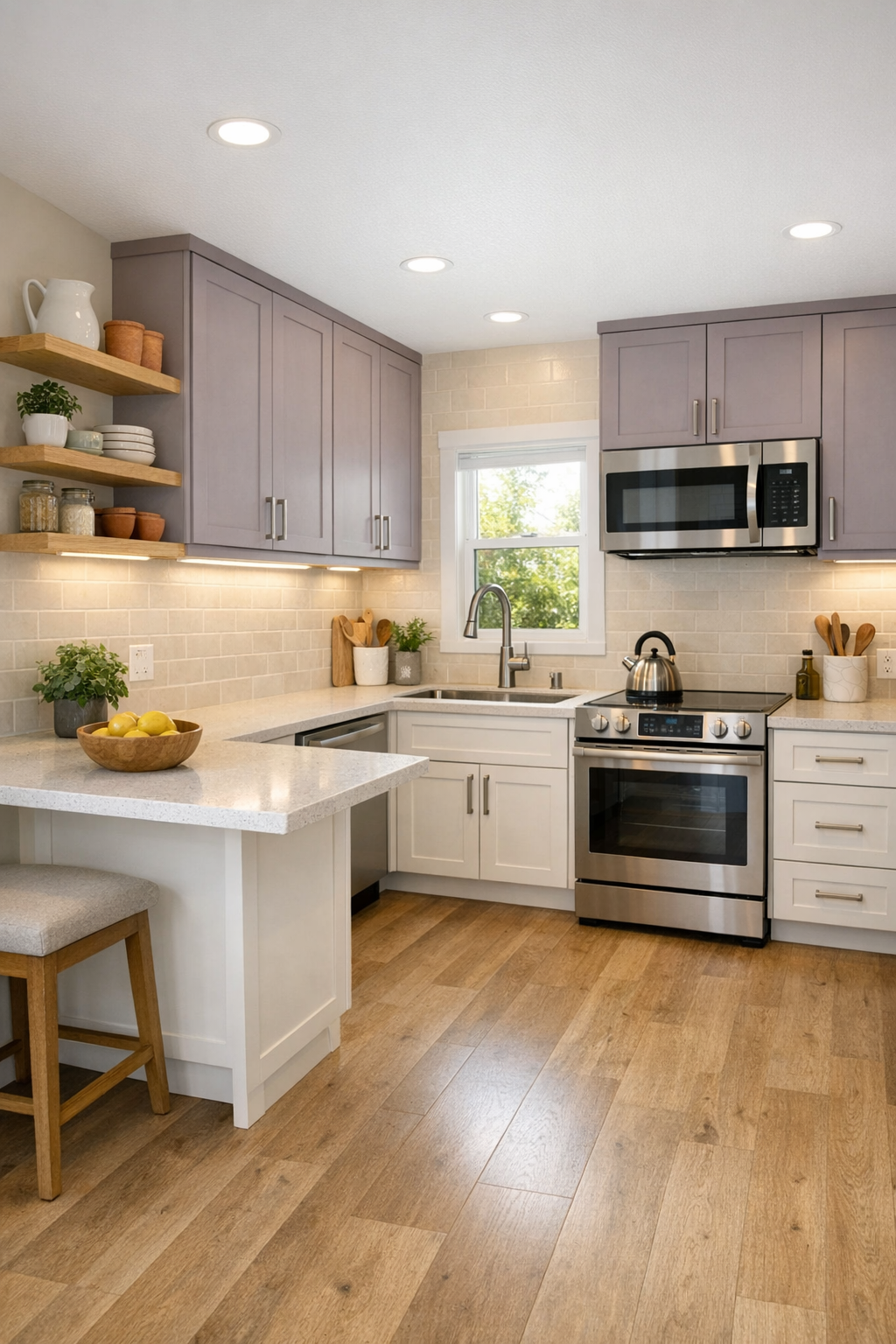Accessible tiny home kitchen with soft heather cabinetry and pale quartz counters