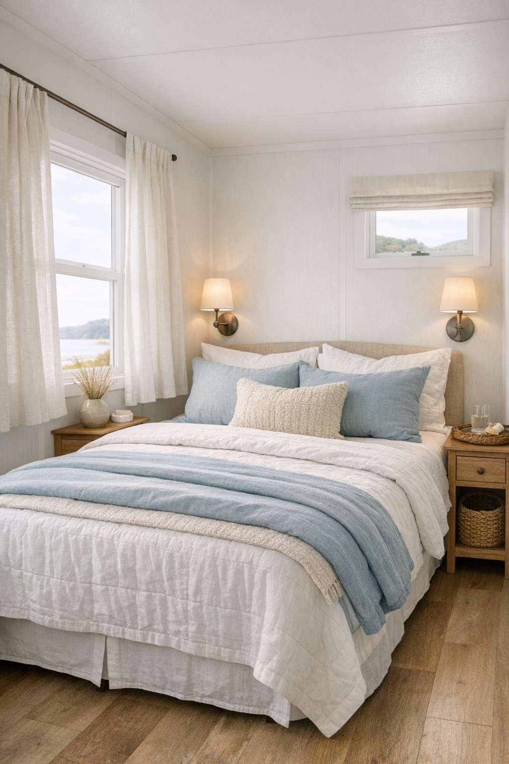 Serene coastal bedroom with soft blue bedding and natural wood accents