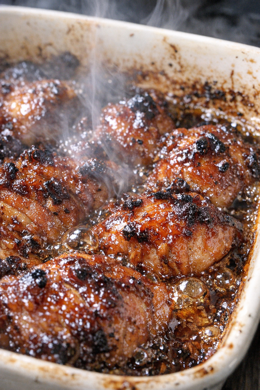 Caramelized firecracker supper bubbling in a ceramic baking dish