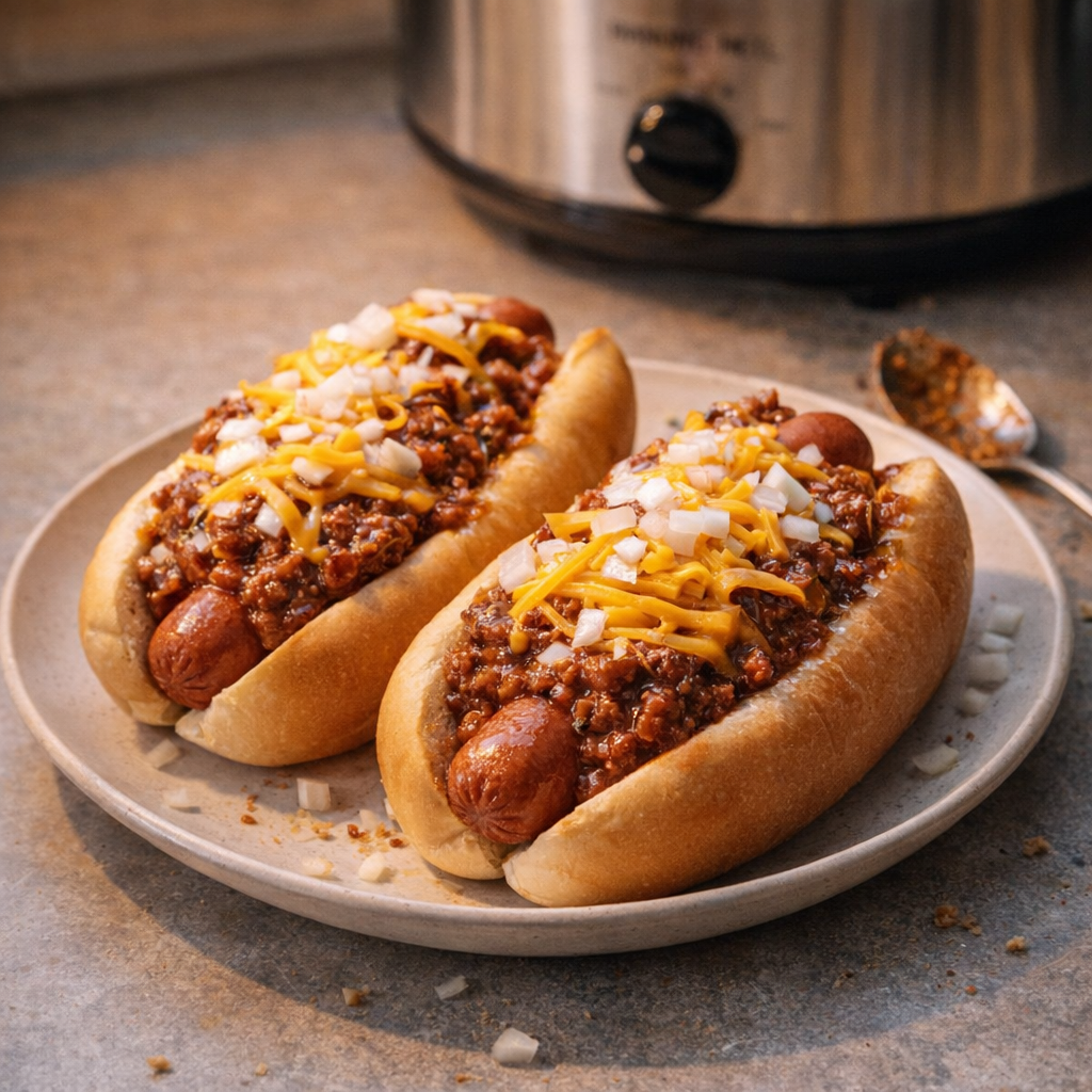Slow cooker chili cheese dogs served in buns on a weeknight dinner table
