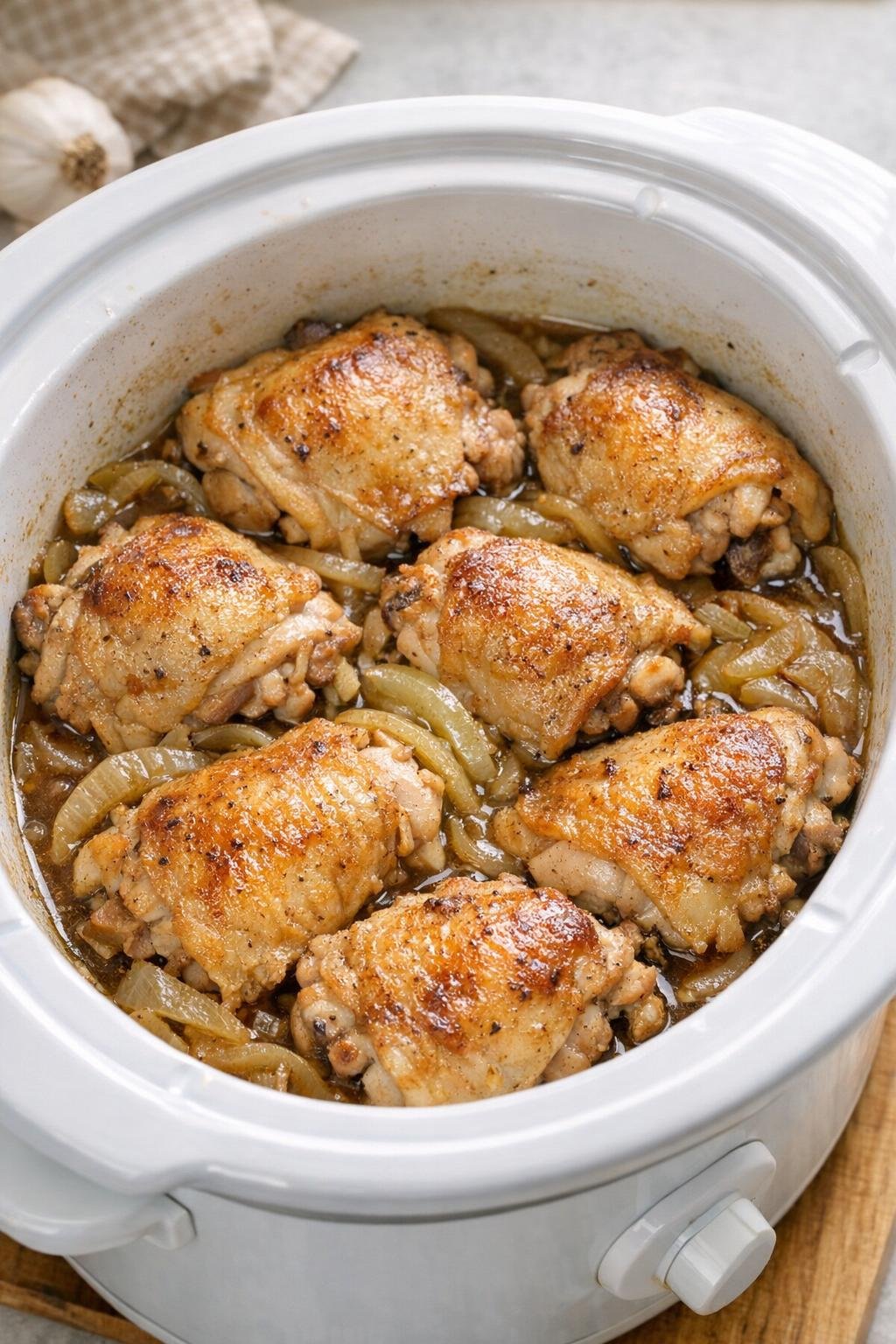 Cooked chicken thighs in onion sauce inside the slow cooker