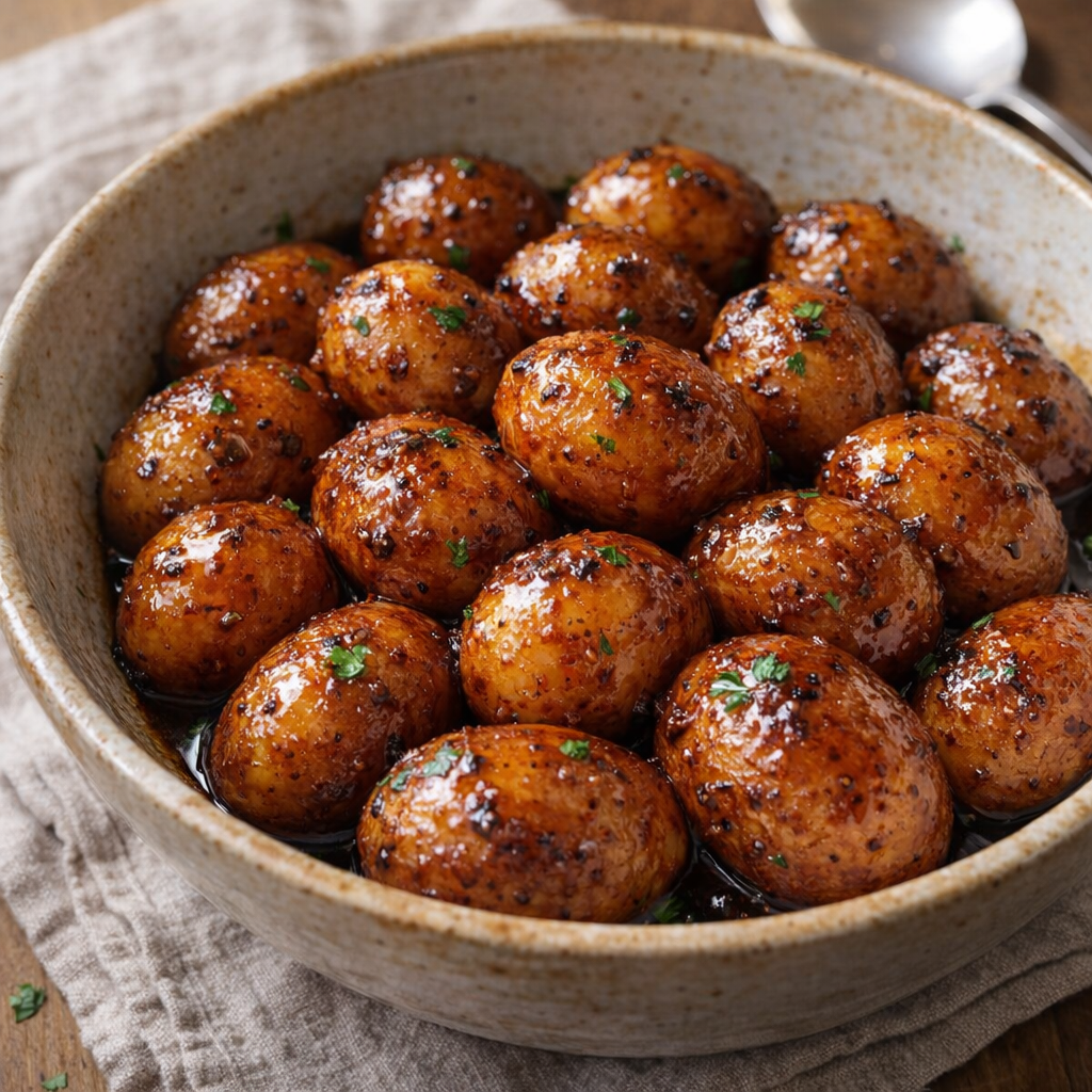 Slow cooker brown sugar glazed potatoes in a serving bowl