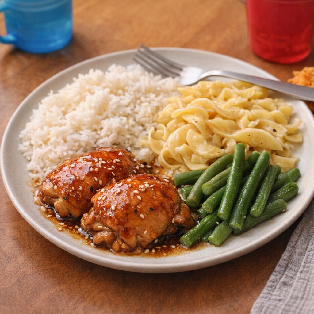 Slow cooker chicken served with kid-friendly sides