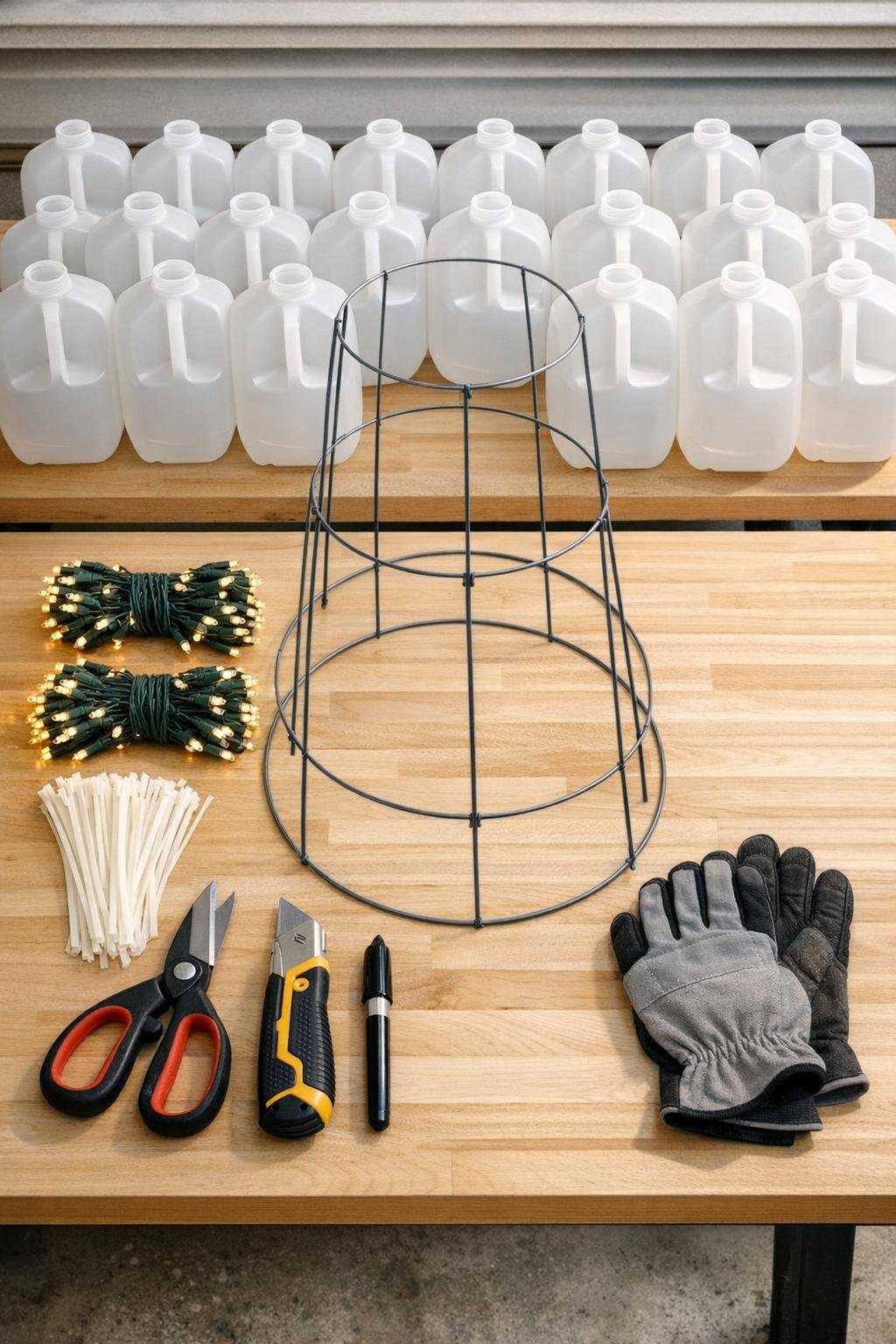 Milk jugs, tomato cage, lights, and supplies laid out for the porch tree project