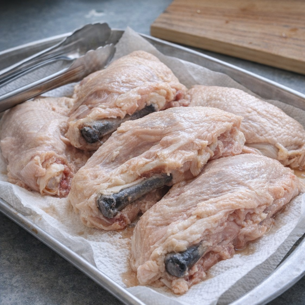 Fresh raw chicken on a tray with paper towels and kitchen prep tools
